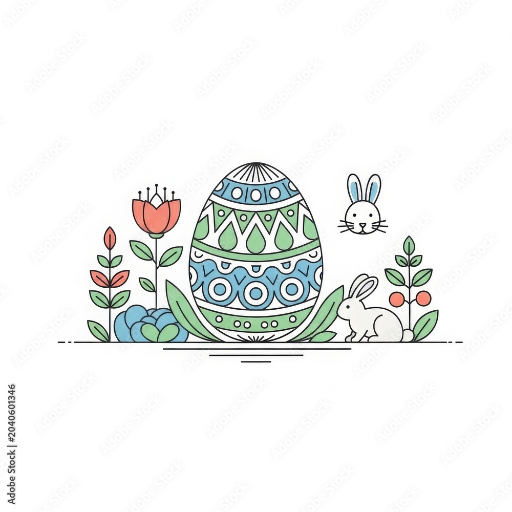 Fototapeta premium Easter Holiday Decorated Egg with Bunny Rabbits and Spring Flowers Flat Line Art Illustration