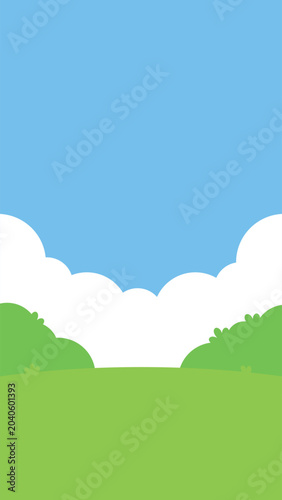 An illustration of a blue sky with white clouds over a lush green garden landscape vertical background.