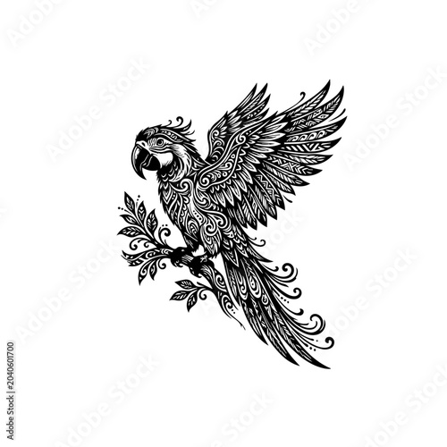 Intricate black and white parrot illustration with detailed tribal patterns perched on a decorative leafy branch wings spread.