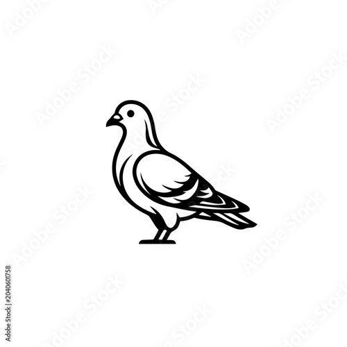 Elegant black and white pigeon illustration standing featuring smooth lines minimalist style and a calm profile pose.