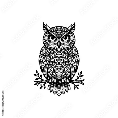 Intricate Black and White Owl Illustration Perched on Branch with Detailed Mandala Patterns and Wide Eyes.