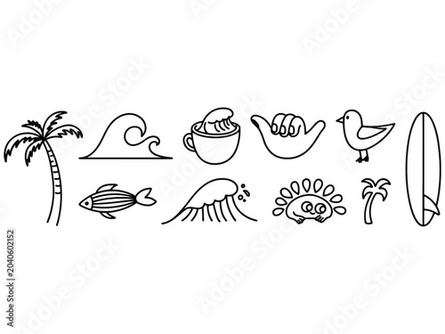 Surfing and tropical beach activity doodle icons with hand drawn, hang loose