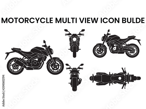Motorcycle multi view black silhouette icons set with motorcycle, transport