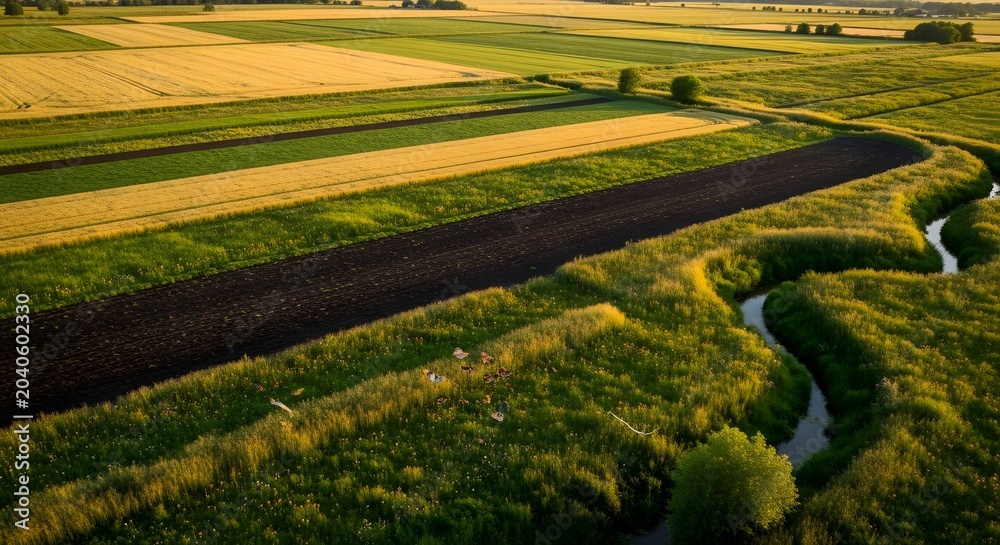 Obraz premium Aerial view of winding river and agricultural fields