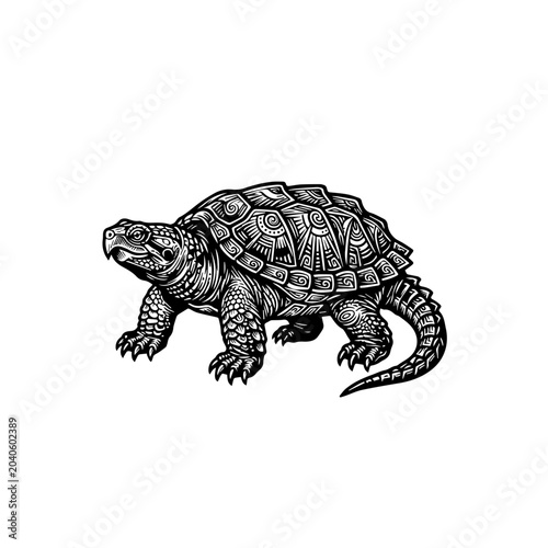 Intricate black and white woodcut style illustration of a snapping turtle featuring detailed shell patterns and textured skin.