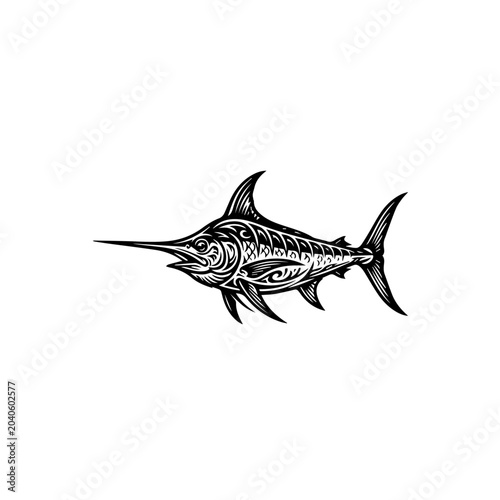Stylized black swordfish illustration with intricate tribal patterns a powerful ocean predator.
