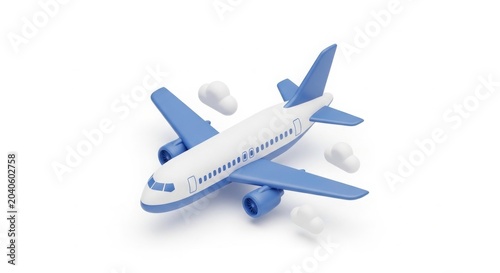 Travel - 3D Cartoon Blue and White Passenger Airplane Flying Through Fluffy White Clouds Isolated