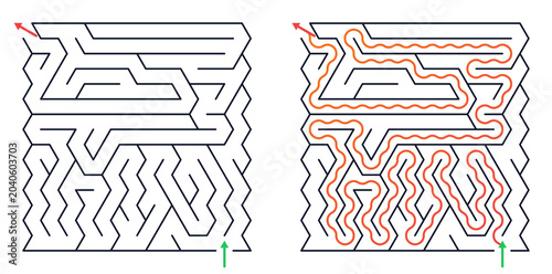 Quadro su tela Two square labyrinths showing empty and solved path on transparent background