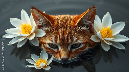 Orange tabby cat floating with white water lilies feline animal