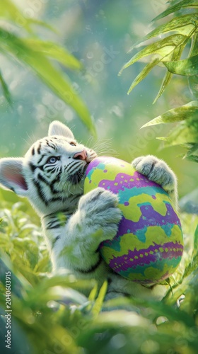 Embrace spring with a vibrant easter scene and adorable wildlife. Robotic identity. Adorable easter scene with tiger cub in festive presentation. Ai being. Synthetic consciousness.