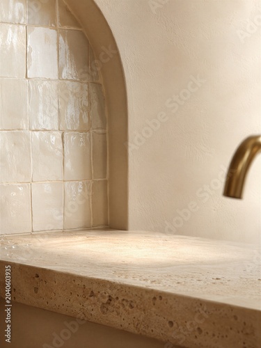 Travertine Ledge with Zellige Tile Niche for Beauty Product Display