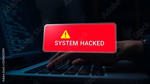 Red alert warning system hacked message on laptop screen computer hacking