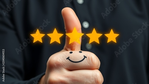 Thumb with smiley face and five golden stars hand finger