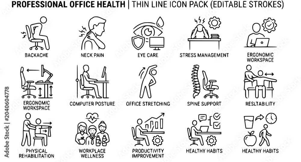 Fototapeta premium Workplace wellness thin line icon collection with office syndrome and ergonomic symbols