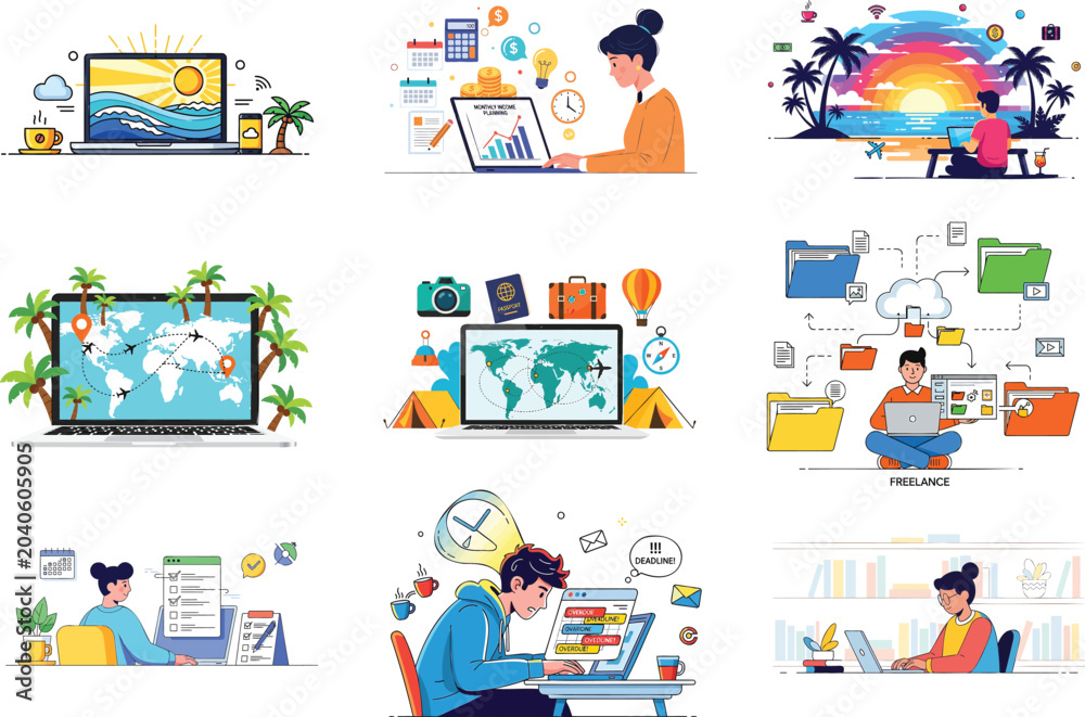 Fototapeta premium Digital nomad and freelance work life set, nine scenes msea set remote work