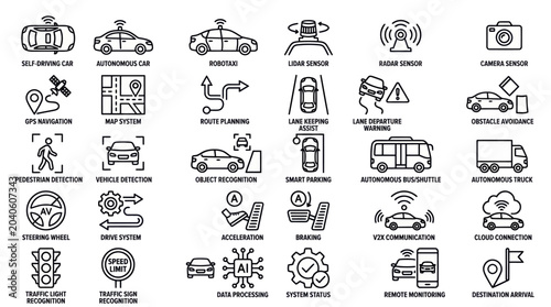 Autonomous vehicle technology icons set for self driving cars and smart transportation systems