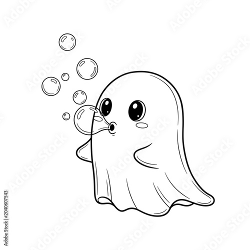Adorable cartoon ghost blowing floating soap bubbles line art vector illustration