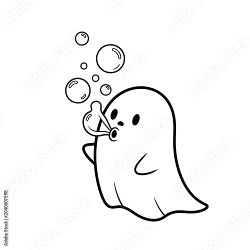 Cute little cartoon ghost blowing round soap bubbles line art vector illustration