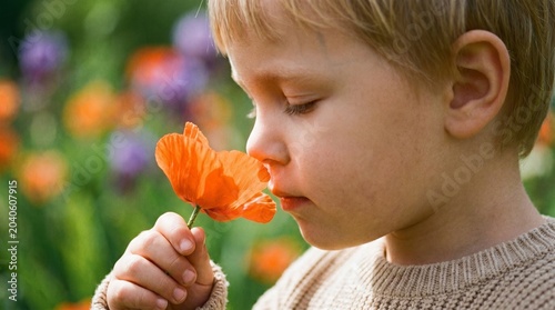 Little Boy Smelling a Wild Orange Poppy in a Flower Field