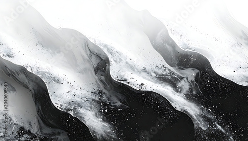 abstract monochrome fluid art with black specks, wavy texture, flowing movement, ink wash effect, organic shapes, digital paint