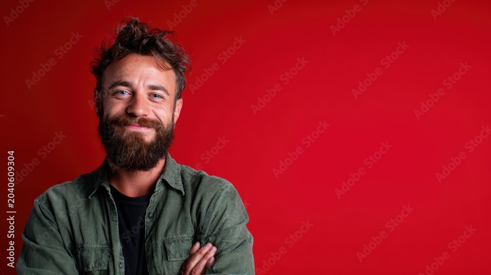 Obraz premium A smiling bearded man poses casually against a bold red backdrop, radiating warmth and confidence while embodying contemporary style and approachable charisma.