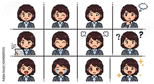 ドット絵ビジネスウーマン表情素材セット