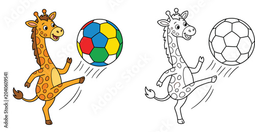 Tablou pe pânză Cute Cartoon Giraffe Kicking Colorful Soccer Ball Playfully