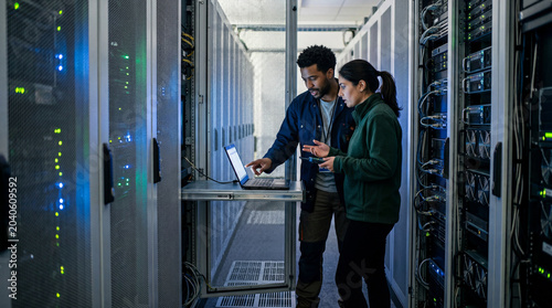 Obraz w ramie Two IT professionals collaborating on server maintenance in data center using laptop