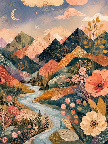 Folk art mountain wall art in whimsical floral style for nursery decor with moon and stars