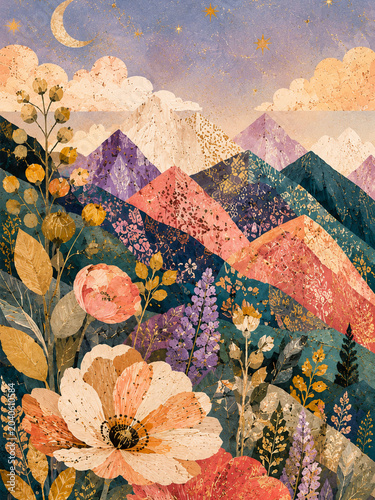 Folk art mountain wall art in whimsical floral style for nursery decor with moon and stars