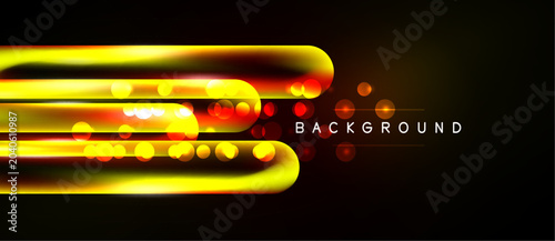 Bright yellow neon lines over black background. Circular glows accentuate dynamic design. Modern abstract illustration.