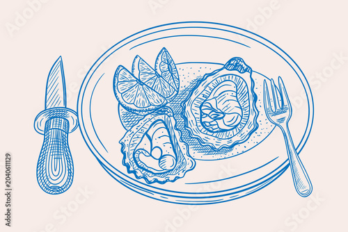Tableau sur toile A plate of opened oysters served with lemon wedges and an oyster knife and fork