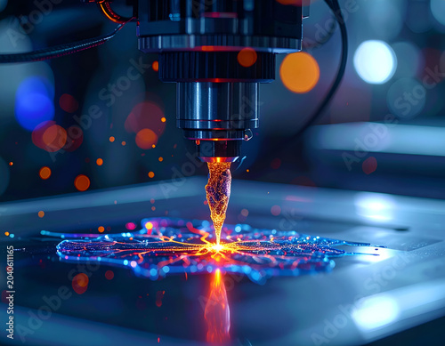 Precision CNC machining head with blue and orange sparks.