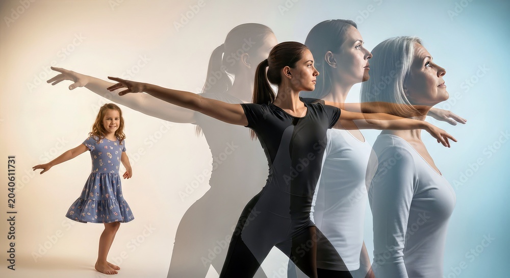 Naklejka premium Young Girl Practicing Ballet Poses With Shadowy Adult Figures Against Gradient Background