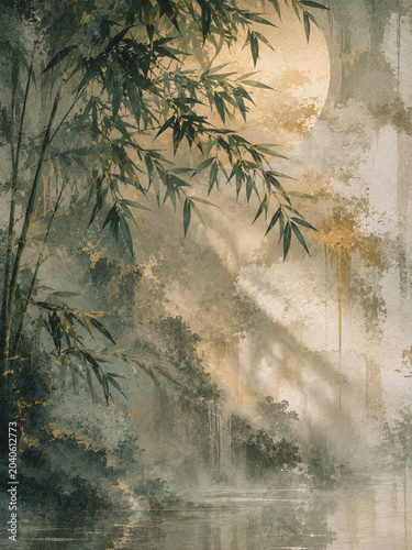 Chinese landscape watercolor painting with gold foil sun red moon bamboo tree and mountain for luxury zen wall art