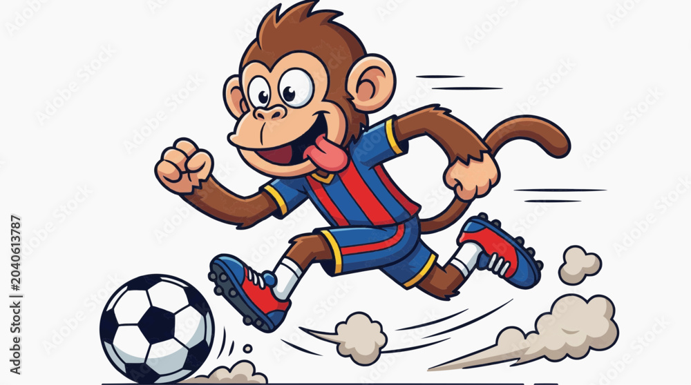 Obraz premium Funny Monkey Playing Soccer: A cartoon monkey in a soccer uniform dribbles a ball with its feet, tongue out in excitement, with dust clouds kicking up behind it as it runs.