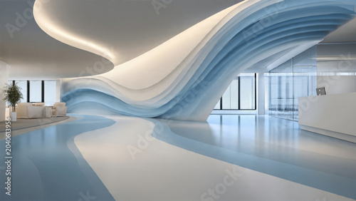 Modern futuristic interior design with flowing blue and white architectural elements in a spacious lobby.
