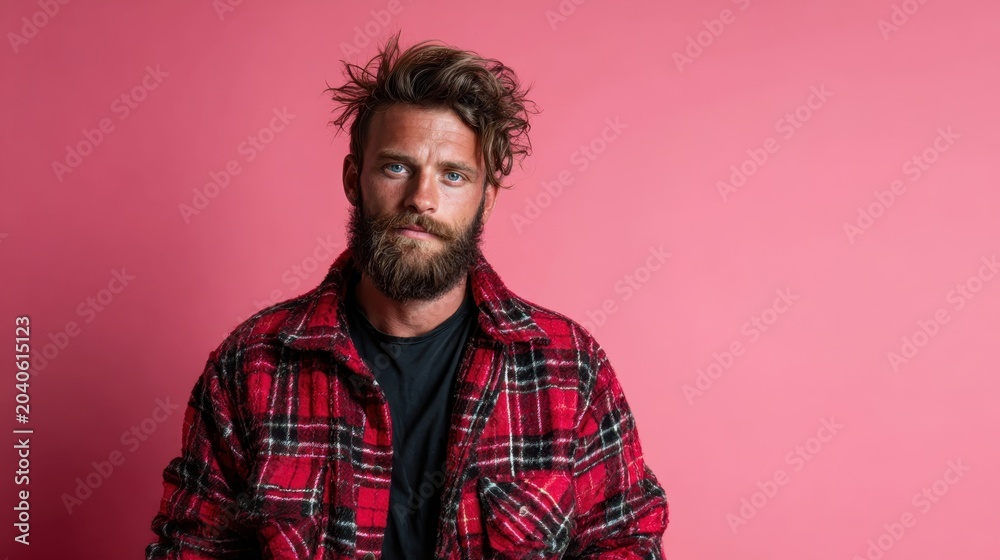 Fototapeta premium A stylish man with a beard poses against a bold pink background, wearing a flannel shirt, combining modern aesthetics with elements of casual and relaxed fashion.