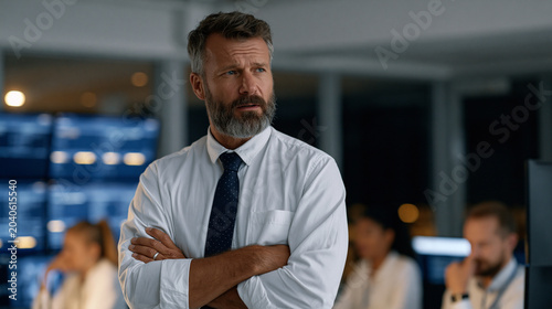 Incident response team activation moment in corporate security operations center, team lead at standing desk issuing verbal directives as analysts simultaneously open forensic toolkits, multiple ale