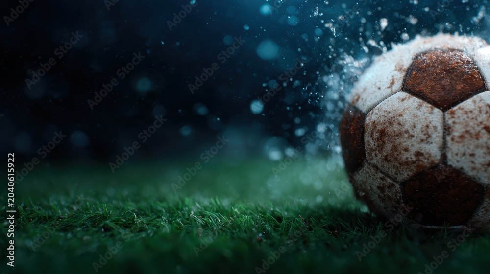 Fototapeta premium A dynamic close-up image of a weathered soccer ball splashing through water on a grass field, embodying the excitement and energy of sports and outdoor activities.