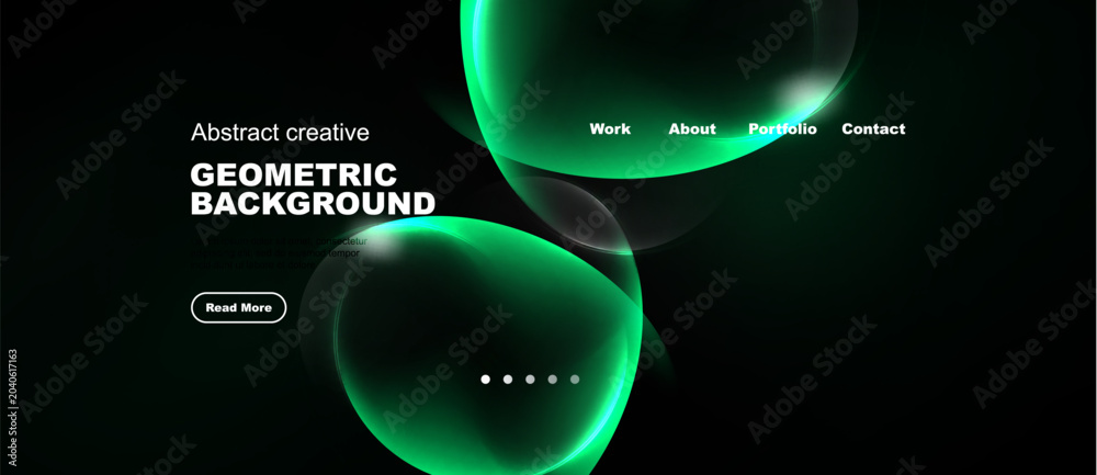 Naklejka premium Dark background features vibrant green abstract shapes. Text displays portfolio website navigation options, plus read more button.