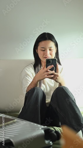A teenage girl checking a checklist on her smartphone while organizing and packing her belongings to prepare for university life in her bedroom