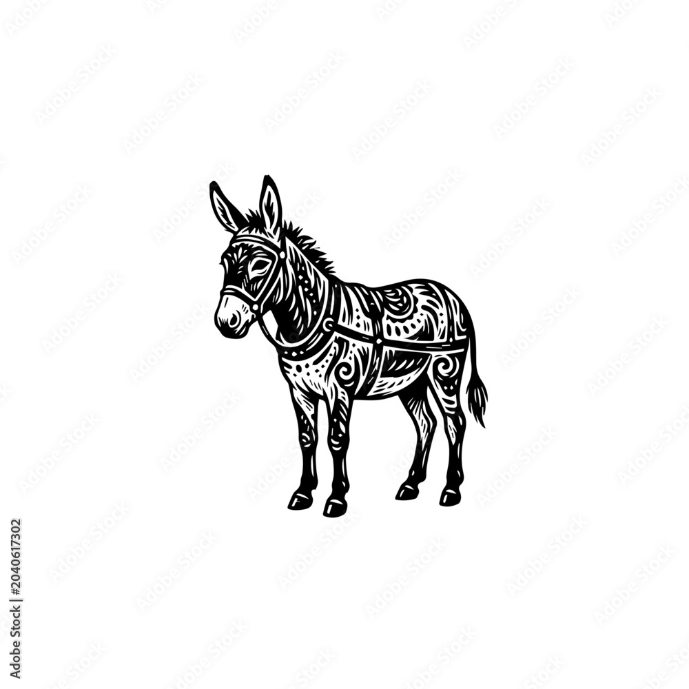 Fototapeta premium Decorative black and white donkey illustration adorned with intricate tribal patterns standing in profile.