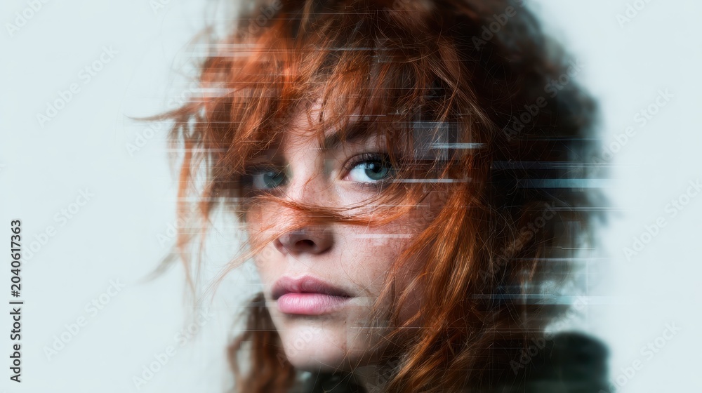 Naklejka premium A striking portrait captures a woman with vibrant red hair and intense blue eyes, showcasing a blend of natural beauty and ethereal qualities in her expression.