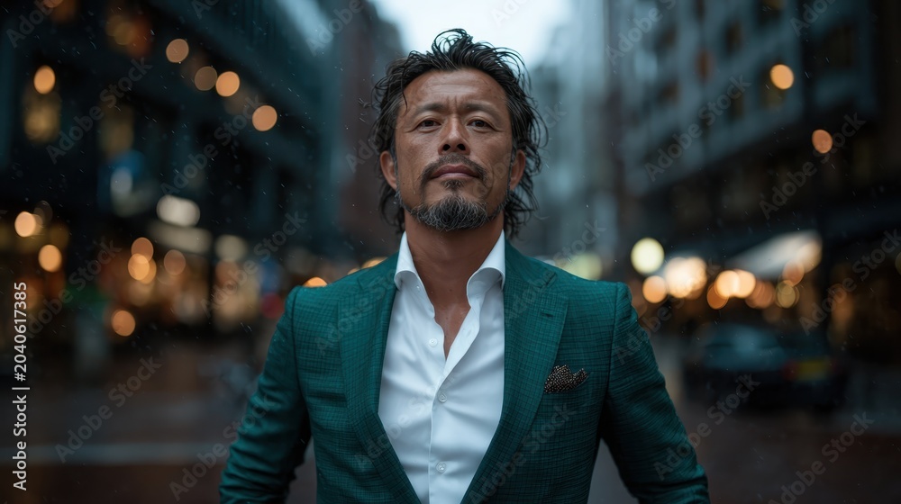 Fototapeta premium A poised man in a stylish suit stands in a bustling city scene, exuding confidence and charisma amidst a backdrop of urban life and soft ambient lighting.