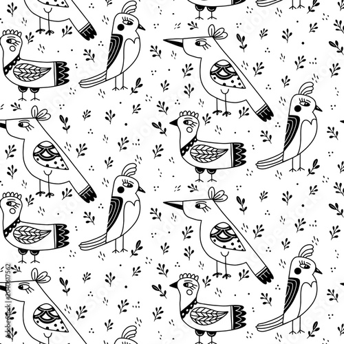 Scandinavian Outline Birds Seamless Pattern, Nordic Folk Art Bird Background, Minimalist Hand Drawn Line Art Design