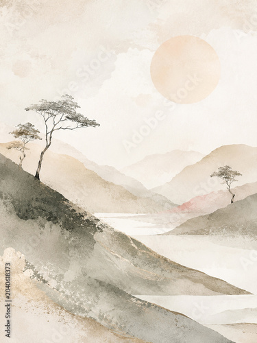 Japandi wall art print with minimalist abstract botanical graphic for neutral textured home decor