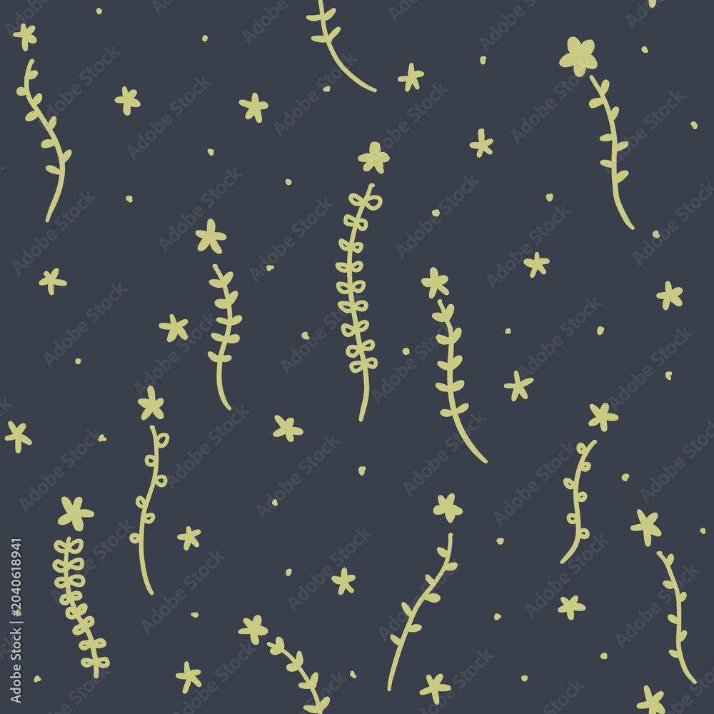 Naklejka premium Simple floral seamless pattern with hand drawn vines on dark blue background