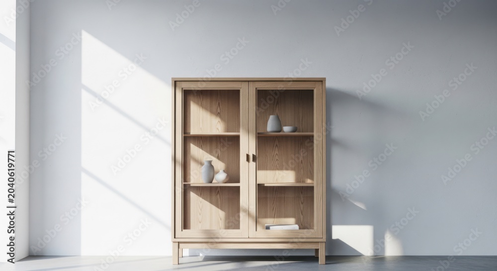 Fototapeta premium Minimalist Wooden Display Cabinet with Glass Doors in a Bright Room.