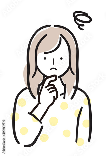 悩む若い女性のイラスト 困り顔 不安 考える 疑問 シンプル手描きイラスト パステル